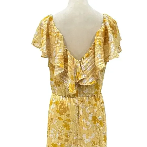 Eloquii Golden Yellow Floral Metallic Stripe Ruffle Sleeveless Maxi Dress - Picture 8 of 13